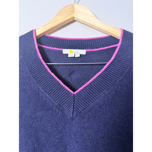 Boden Navy Blue V Neck Sweater Pink Trim Yellow Cuffs Women US 4 - Picture 4 of 7